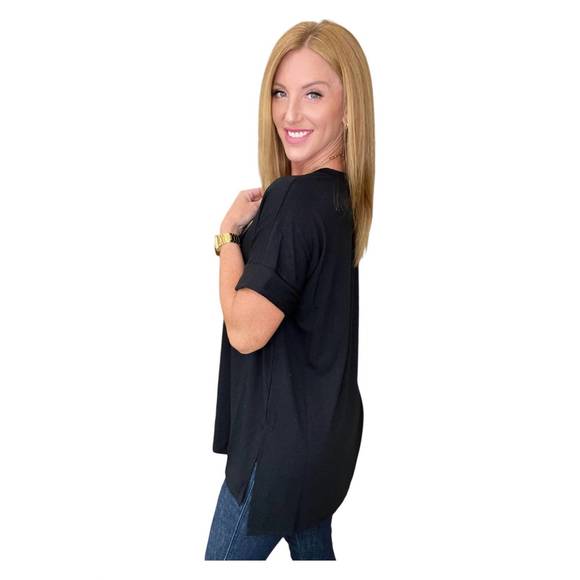 NEW ZENANA cuffed sleeve hi-low hem top in black - Picture 3 of 3